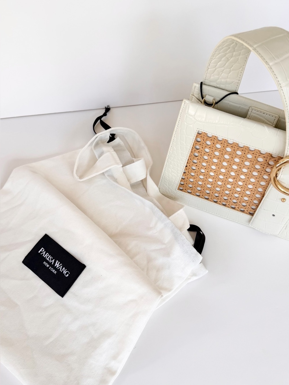 NWT Parisa Wang Bamboo Enchanted Top Handle Bag Cream w/ crossbody strap - Picture 4 of 11